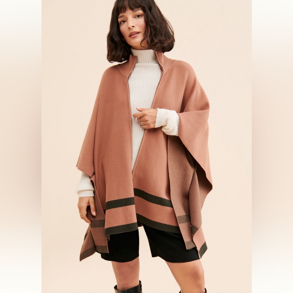 Flat White Anthropologie Full Zip Knit Poncho Tan/Brown One Size